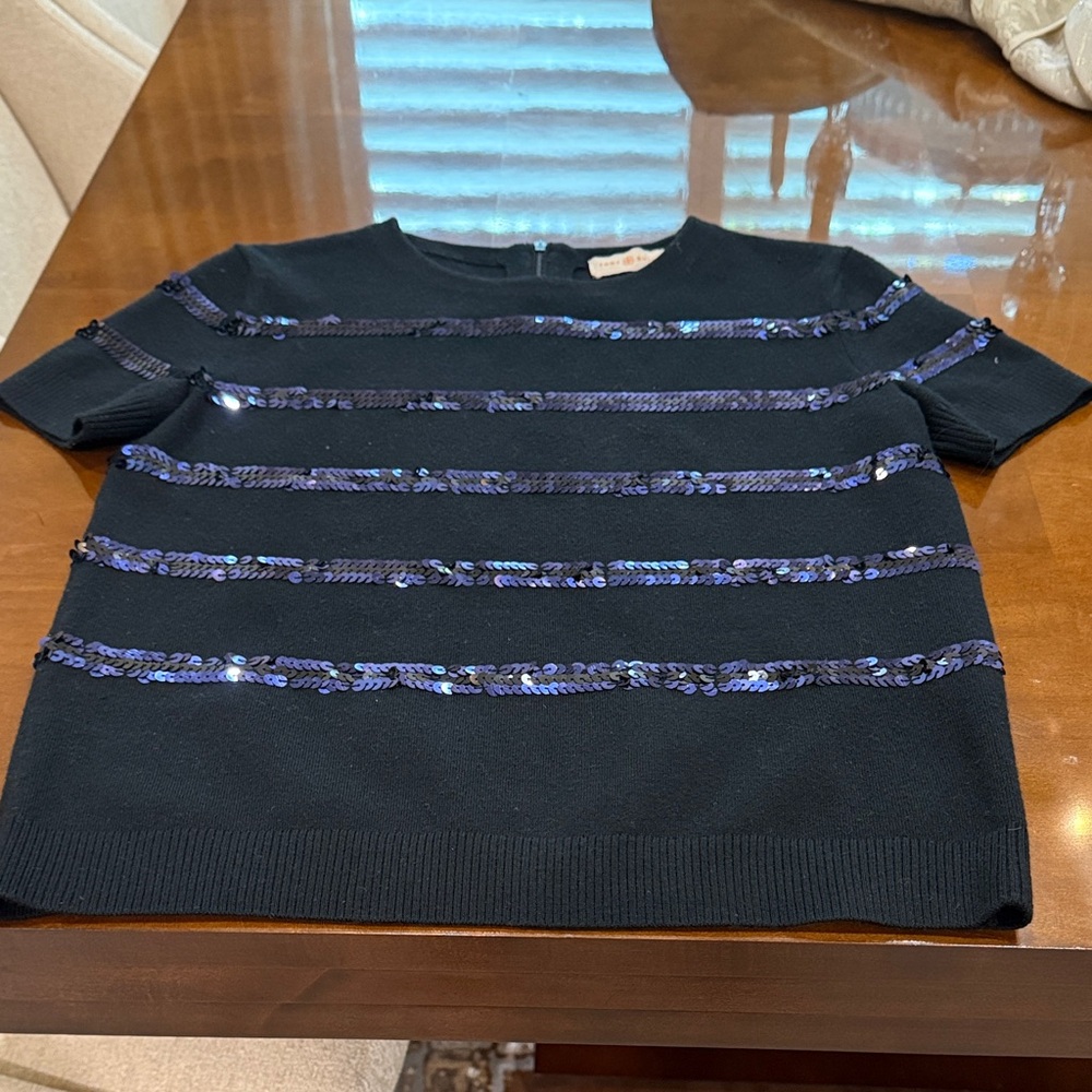 SALE Tory Burch Elegant Black knit top with blue sequins